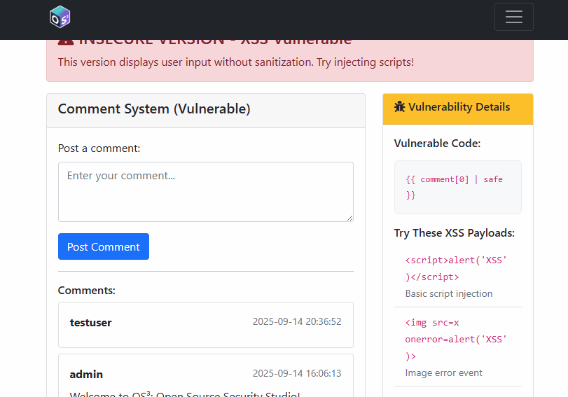 Animated GIF showcasing a XSS attack demo in OS³.
