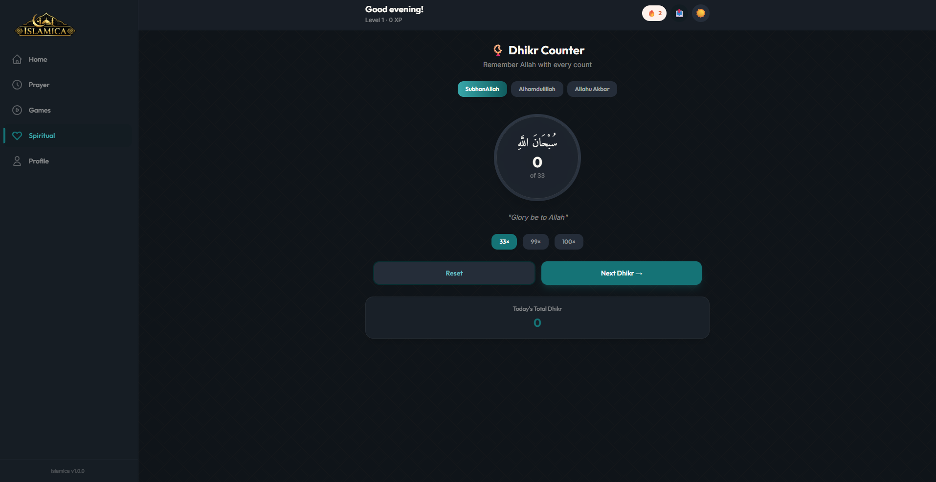 Dhikr counter interface with SubhanAllah, Alhamdulillah, and Allahu Akbar options