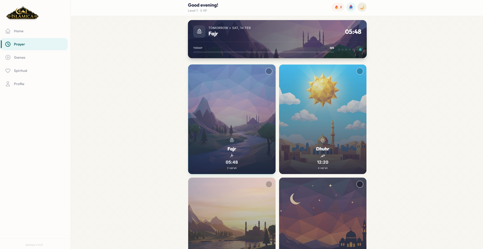 Islamica prayer times interface showing Fajr and Dhuhr prayer cards with beautiful Islamic artwork
