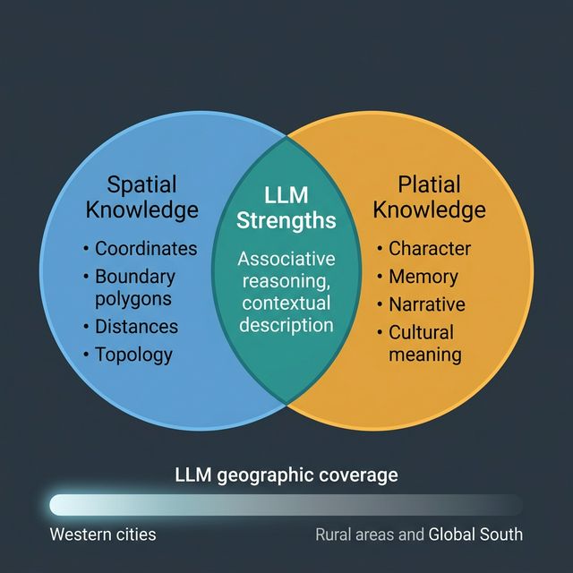 Venn diagram showing Spatial Knowledge (coordinates, boundaries, topology) and Platial Knowledge (character, memory, narrative, cultural meaning) overlapping at LLM Strengths (associative reasoning, contextual description), with an LLM geographic coverage bar fading from Western cities to the Global South