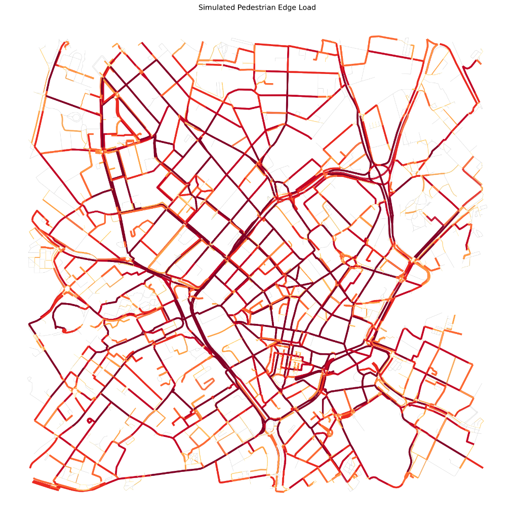 Nottingham pedestrian edge load - heat map showing corridor concentration