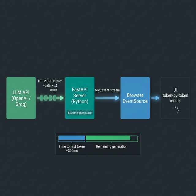 SSE streaming flow diagram: LLM API → HTTP chunked stream → FastAPI StreamingResponse → Browser EventSource → token-by-token UI render, with time-to-first-token timing bar