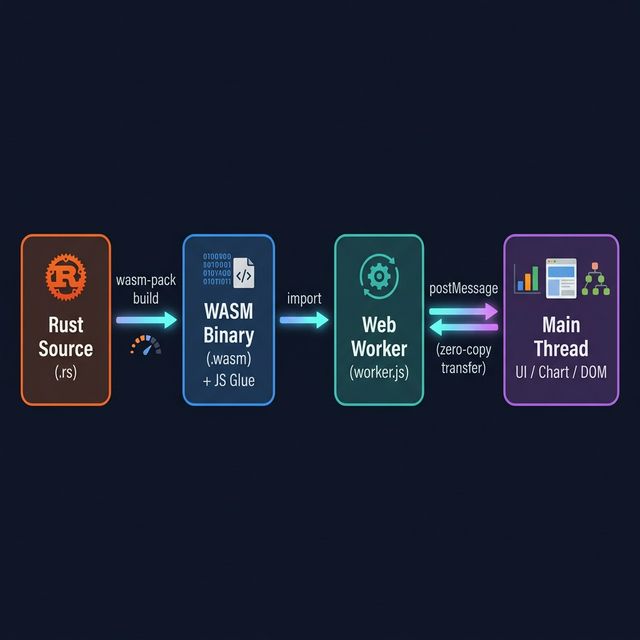 Architecture diagram: Rust source compiled via wasm-pack to a WASM binary, imported into a Web Worker, communicating with the main thread via zero-copy postMessage