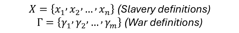 Formal set notation defining X as slavery definitions and Γ as war definitions for the classification matrix