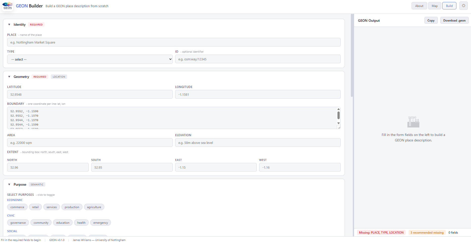 GEON Builder web interface showing form-based construction of a GEON place description