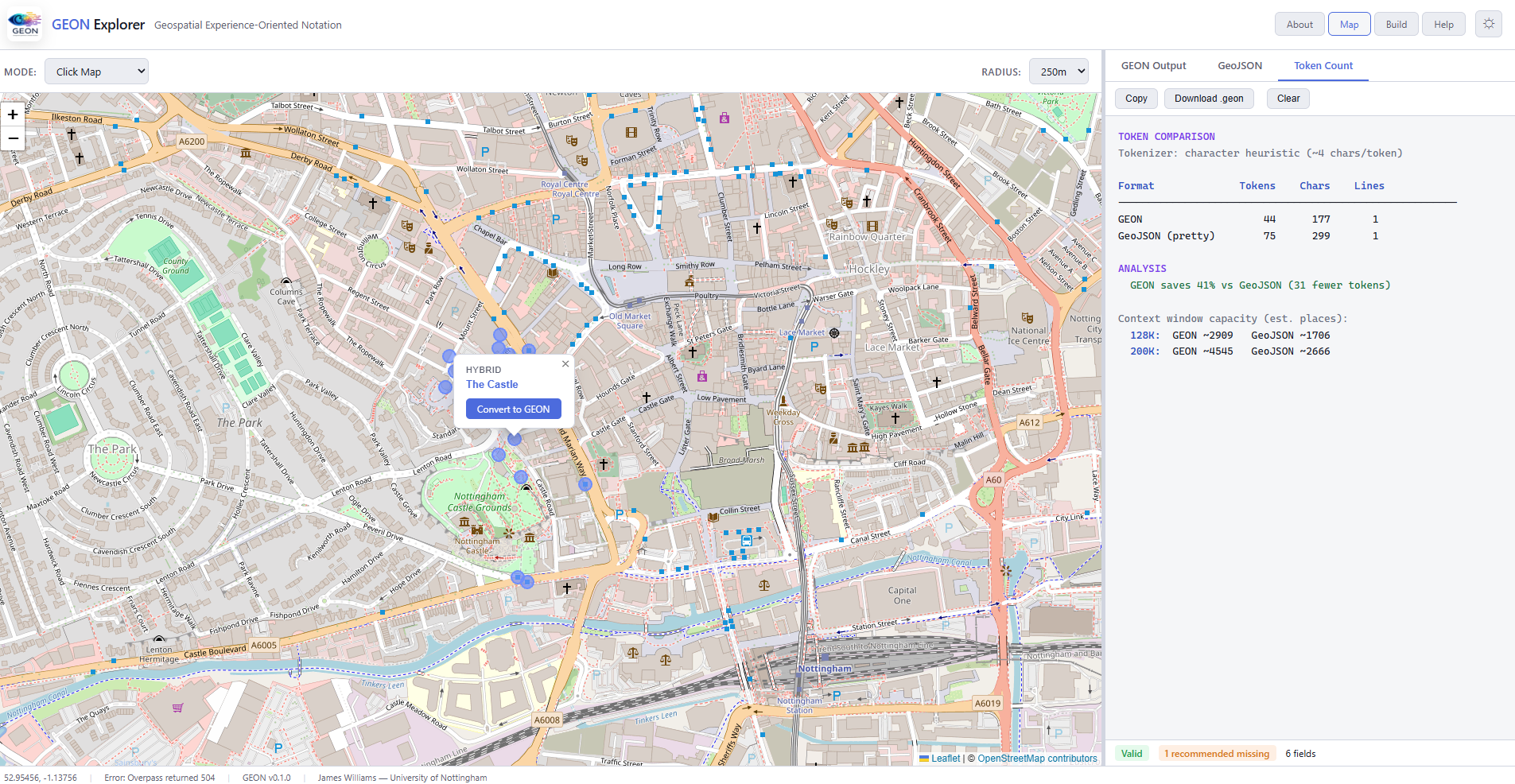 GEON Explorer with token count comparison showing GEON uses significantly fewer tokens than GeoJSON for equivalent place descriptions