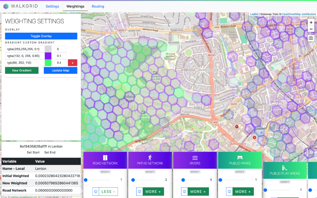 WalkGrid feature weighting interface showing H3 hexagonal grid coloured by environmental characteristics over a Nottingham map