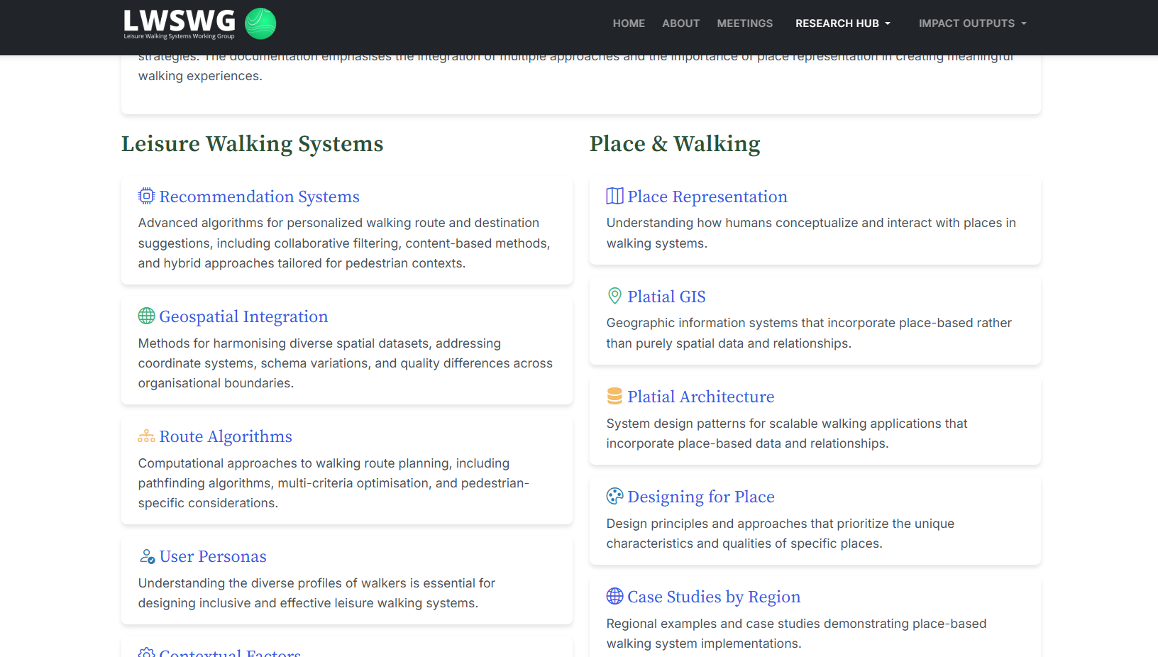 LWSWG community research hub showing topic areas across Leisure Walking Systems and Place & Walking
