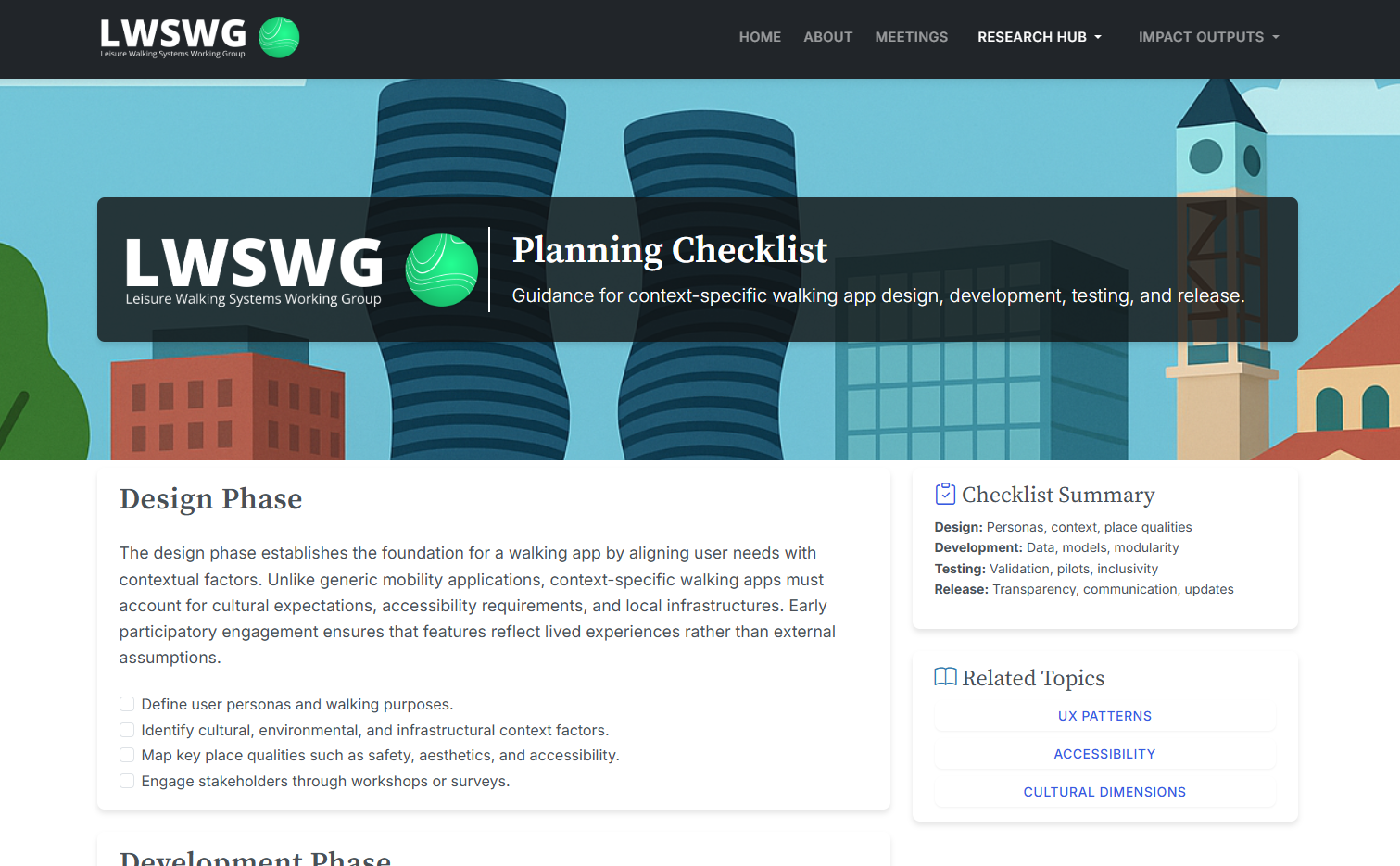 LWSWG Planning Checklist showing design phase, development phase, and checklist summary