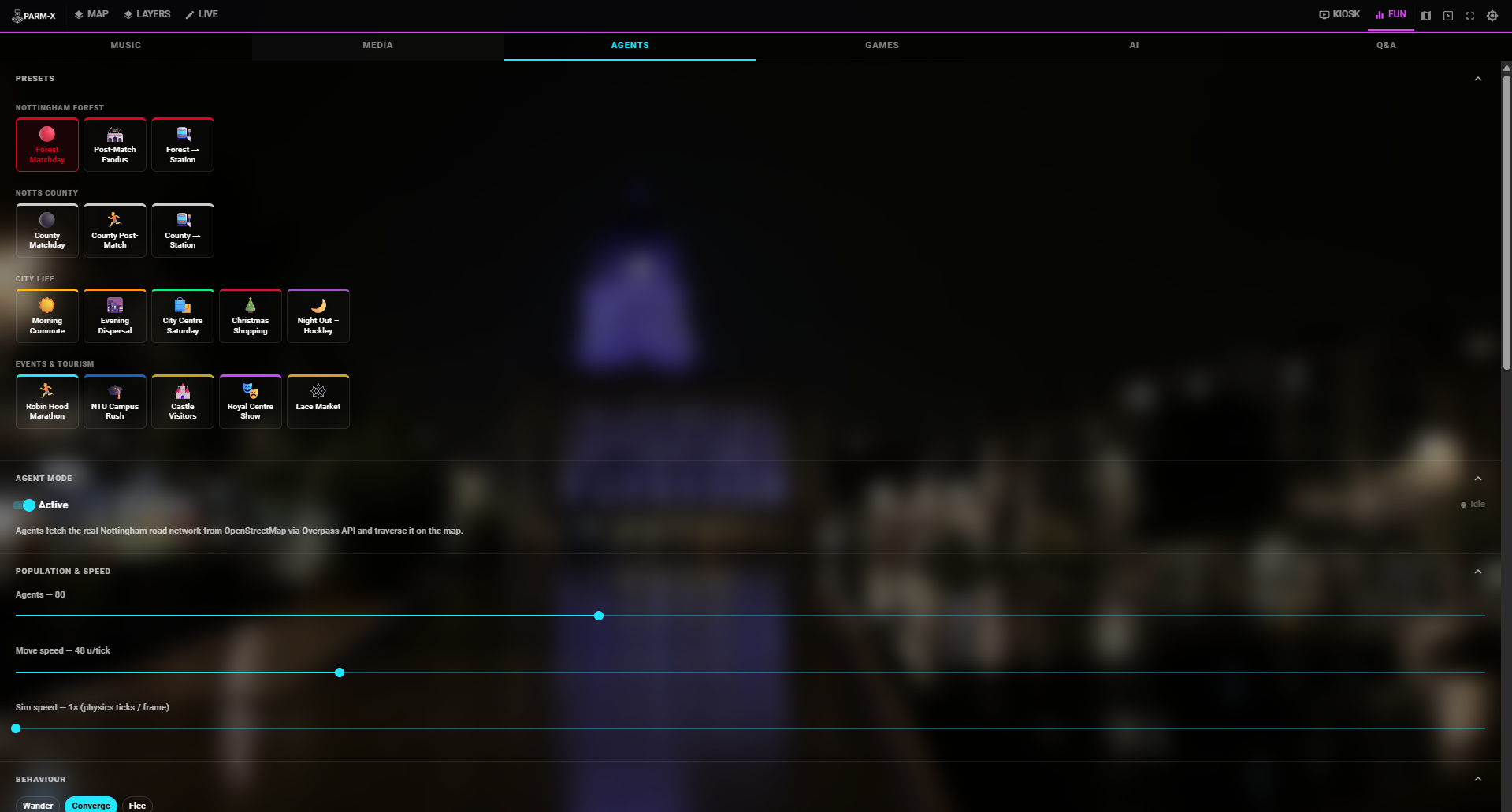 Agent simulation panel showing preset scenarios, agent configuration, and road network controls