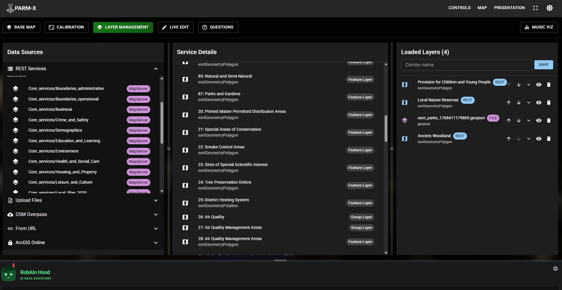 PARM-X Controls interface showing the full operator dashboard with data sources, service details, and loaded layers panels