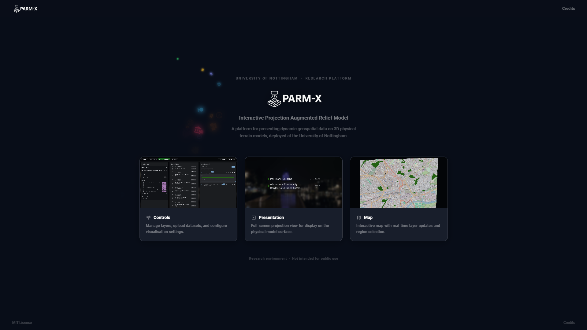 PARM-X landing page with Three.js particle scene showing the three screen routes