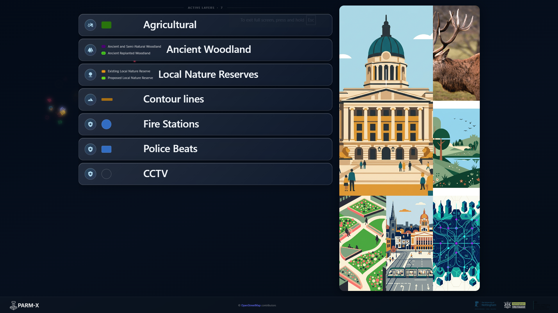 PARM-X Presentation screen showing active layer list and Nottingham imagery panel