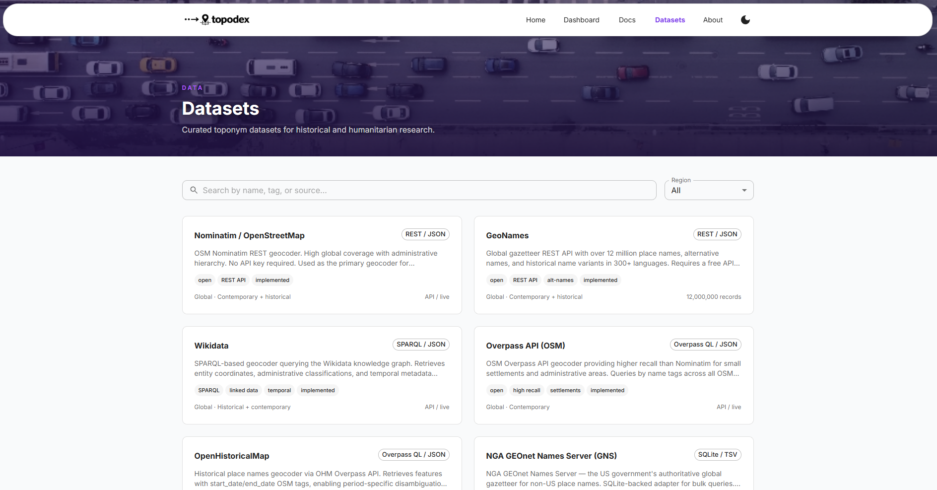 Topodex datasets page listing all nine geocoder backends with coverage descriptions and API types