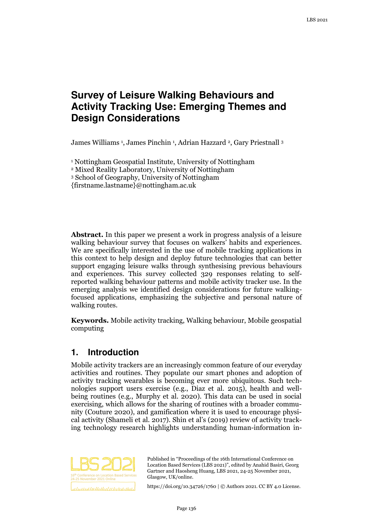 Cover for Survey of Leisure Walking Behaviours and Activity Tracking Use: Emerging Themes and Design Considerations