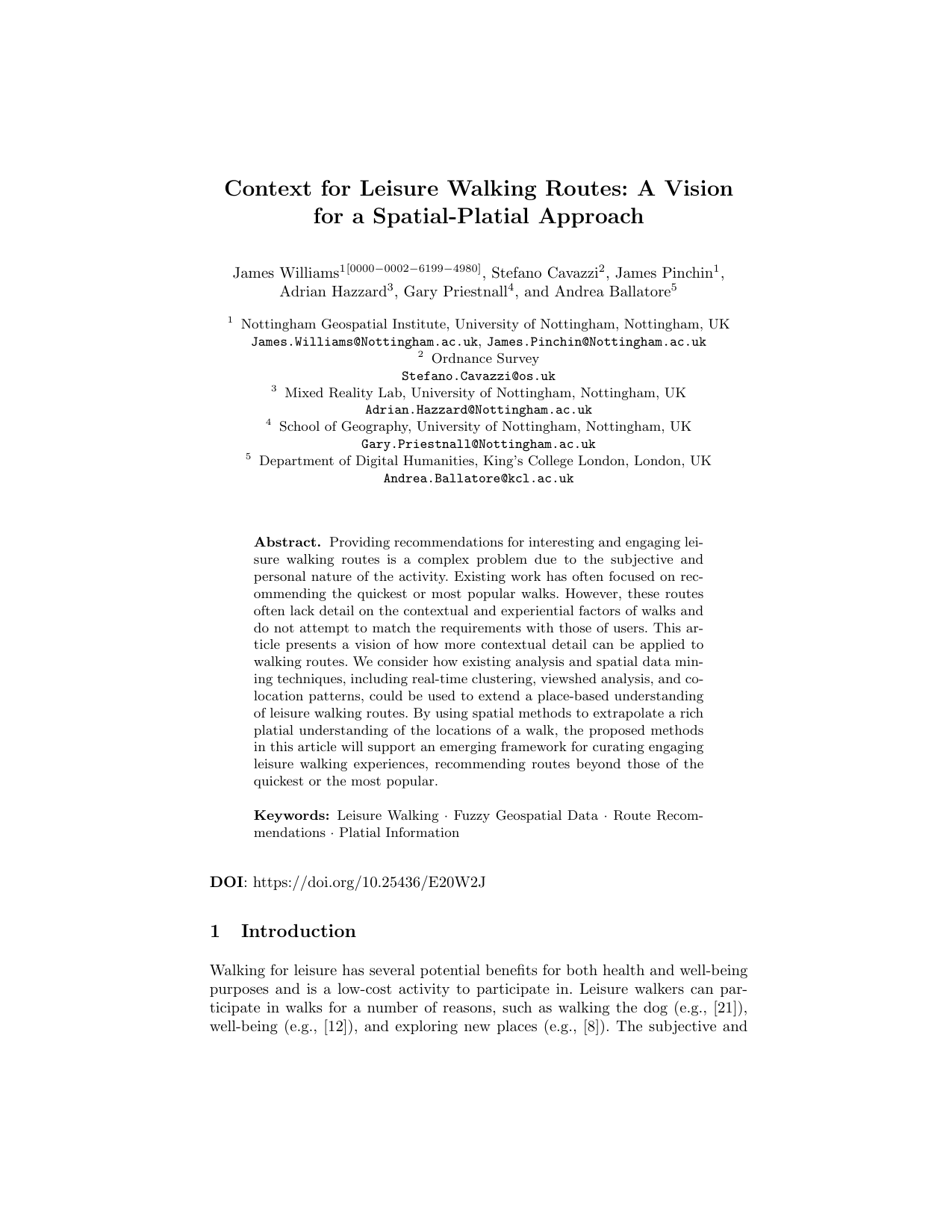 Cover for Context for Leisure Walking Routes: A Vision for a Spatial-Platial Approach