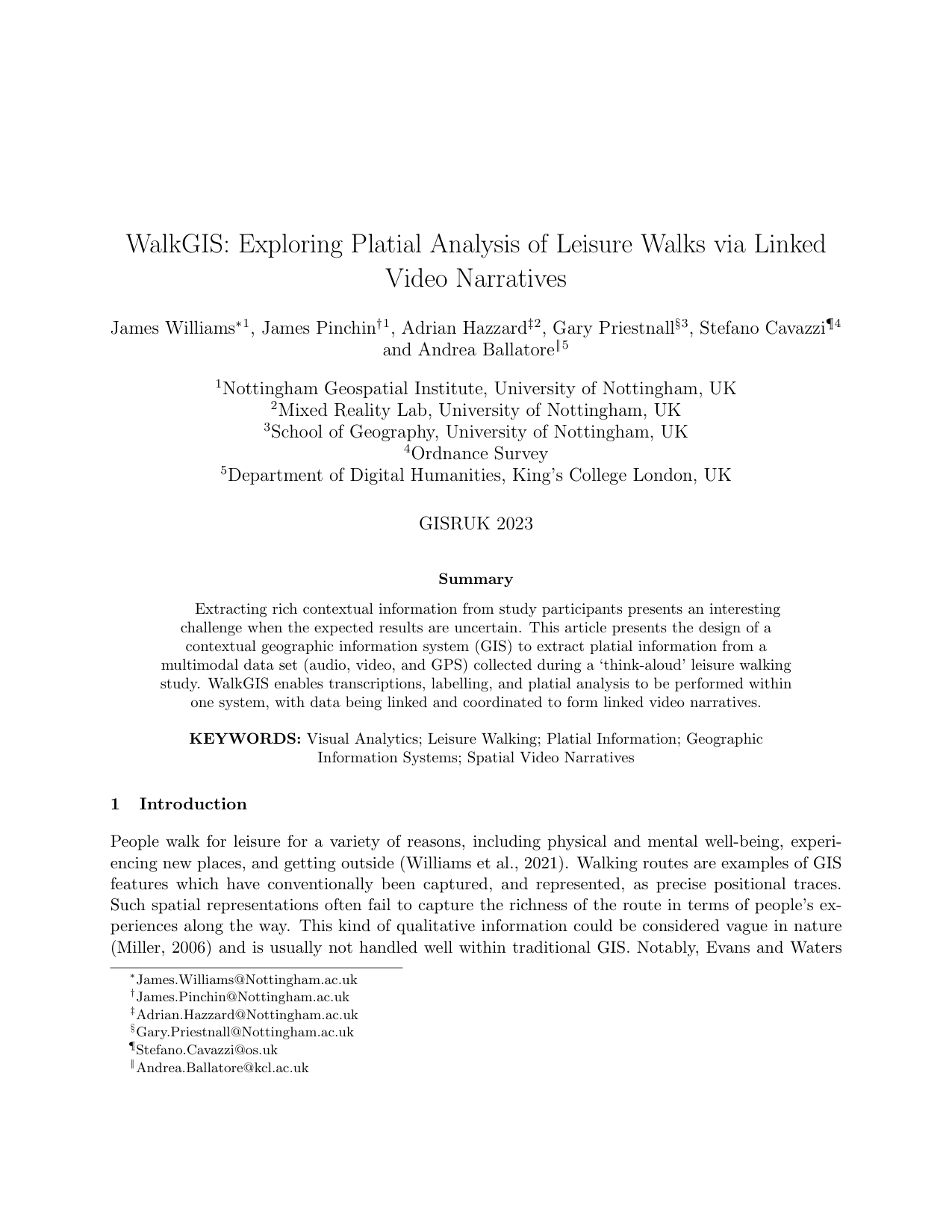 Cover for WalkGIS: Exploring Platial Analysis of Leisure Walks via Linked Video Narratives