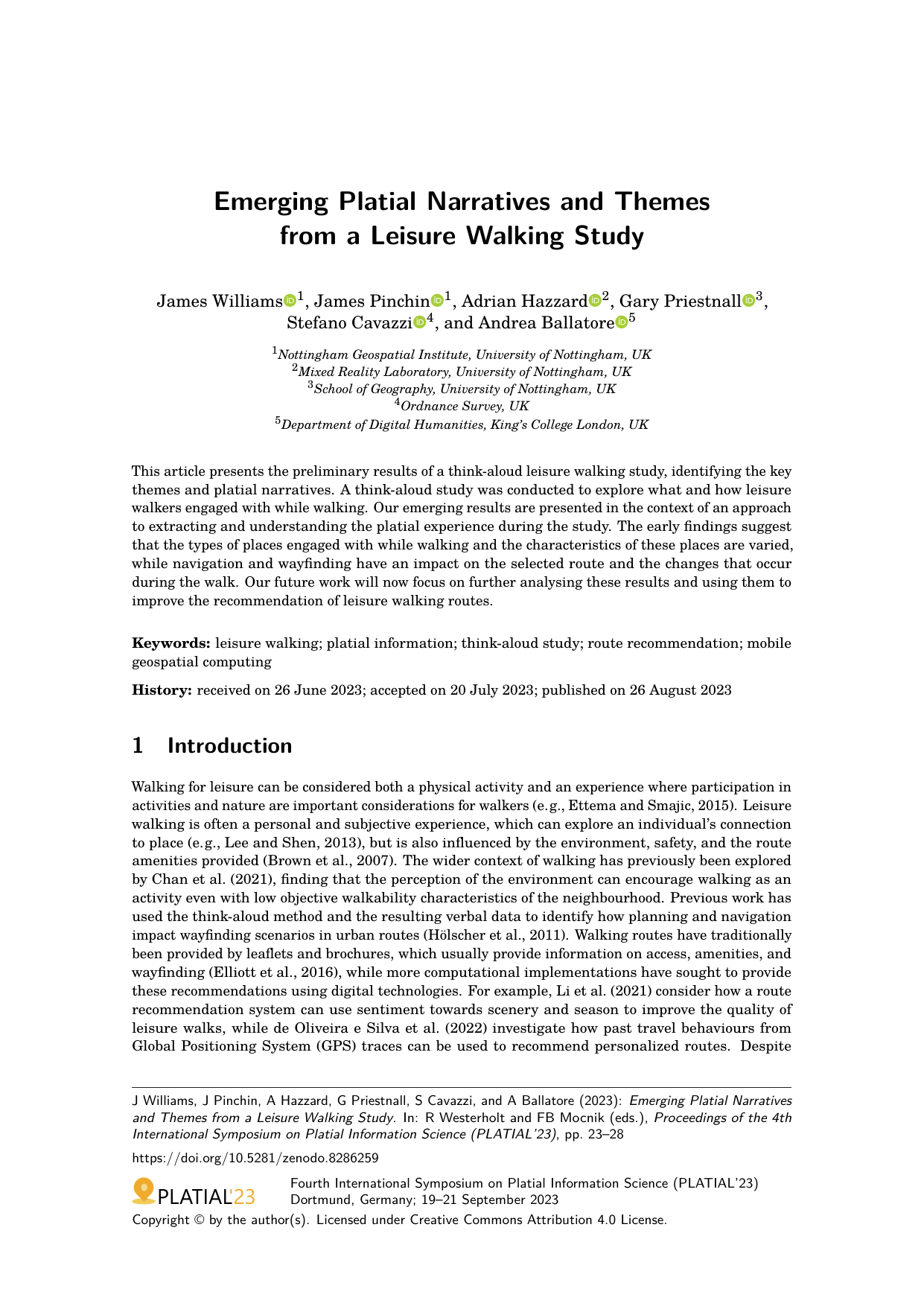 Cover for Emerging Platial Narratives and Themes from a Leisure Walking Study