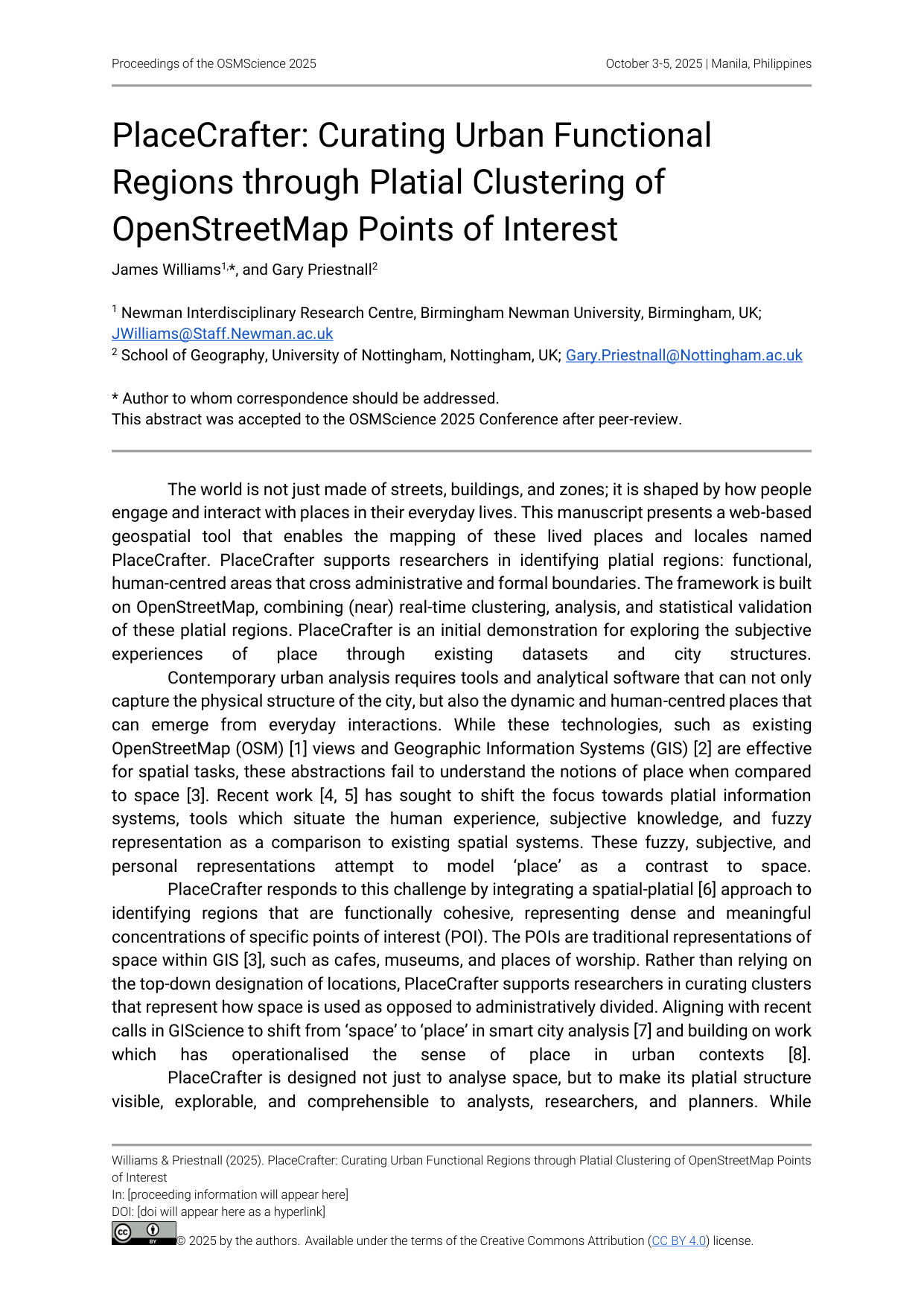 Cover for PlaceCrafter: Curating Urban Functional Regions through Platial Clustering of OpenStreetMap Points of Interest