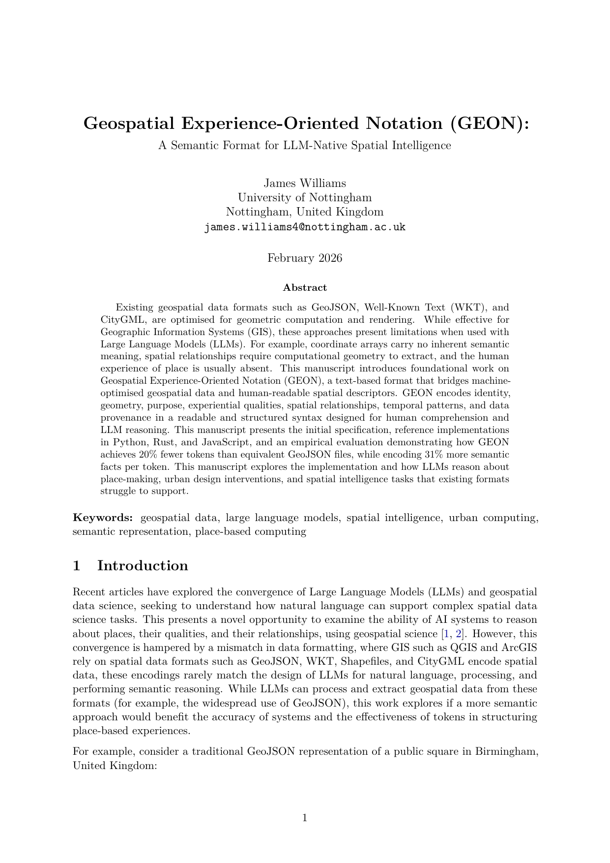 Cover for Geospatial Experience-Oriented Notation (GEON): A Semantic Format for LLM-Native Spatial Intelligence
